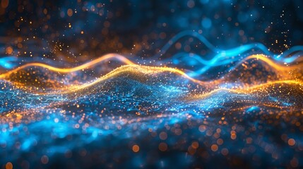 Poster - Dynamic Sound Wave with Blue Energy Flow Concept. Cyberspace Background