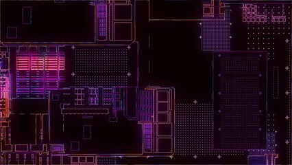 Poster - Printed circuit board. Visualization of advanced technology concept: PCB processor microchip, digitization of neural networks and cloud computing. Digital lines transmit data. Electronic computer