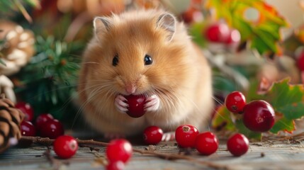 Wall Mural - Cute hamster eating red berry