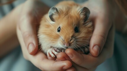 Wall Mural - Cute hamster in hands of a female
