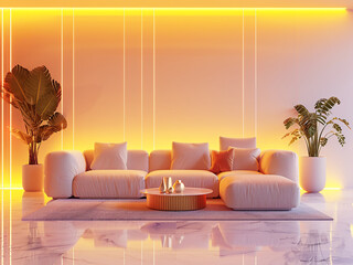 Canvas Print - Step into a luminous living room adorned with furniture, showcased in a 3D rendering