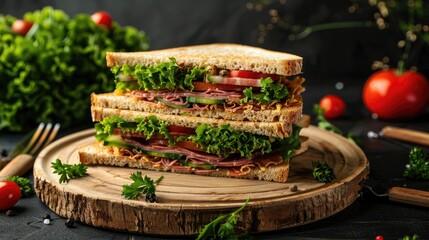 Poster - Sandwiches with a juicy filling presented on a wooden platter against a dark backdrop