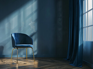 Wall Mural - Modern chair with a metal frame and soft cushion stands in a dark blue room