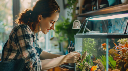 Wall Mural - Pet owner cleaning a fish tank at home