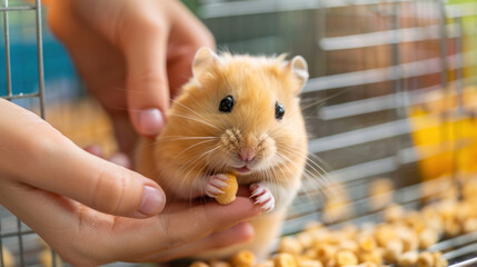 Wall Mural - Pet owner giving a hamster a treat in its cage