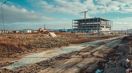 Poster - A construction site with a large building in the background