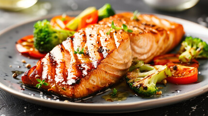 Wall Mural - Plate of grilled salmon with a side of steamed vegetables