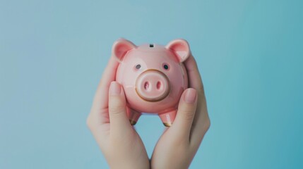 Wall Mural - Cute pink piggy bank in hand over plain background