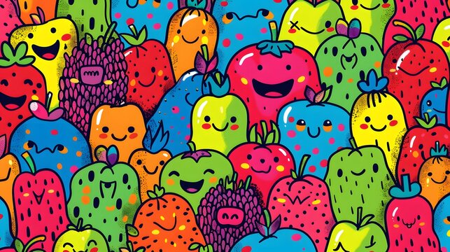 Seamless pattern featuring colourful mascots with smiling faces, designed for packaging, with a patterned repetition of seed shapes and clip art elements