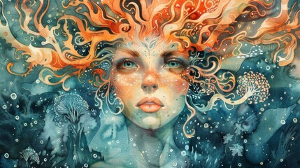 Wall Mural - Beautiful head closeup portrait of a mermaid with intrinsic patterns.