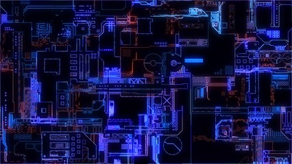 Poster - Printed circuit board. Visualization of advanced technology concept: PCB processor microchip, digitization of neural networks and cloud computing. Digital lines transmit data. Electronic computer