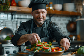 Wall Mural - Caucasian man in chef uniform cooking vegetarian food in restaurant kitchen.