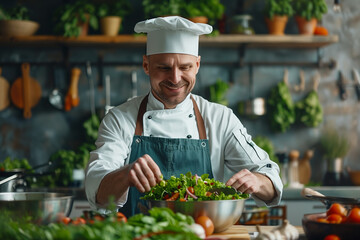 Wall Mural - Caucasian man in chef uniform cooking vegetarian food in restaurant kitchen.