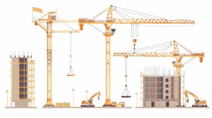 Poster - A construction site with tower cranes is portrayed against a white isolated background indicating the construction of multistorey buildings