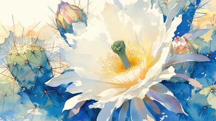 Wall Mural - An exquisite watercolor illustration showcasing the composition of a cactus flower delicately painted by hand