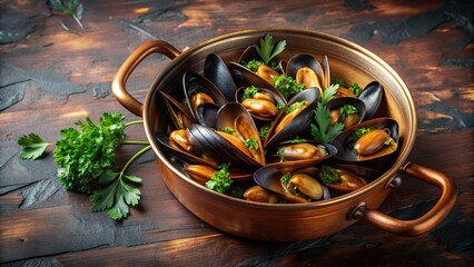 Steamed mussels in a copper cooking dish , seafood, cooking, fresh, grill, pan, mussels, shellfish, delicious, gourmet, appetizer
