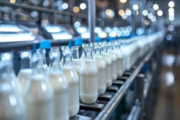 Wall Mural - Modern dairy production line with fresh milk bottles