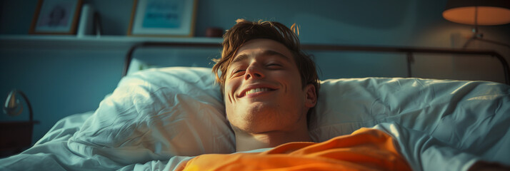 Wall Mural - Caucasian man happily resting in his bedroom.