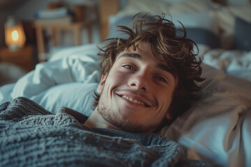 Wall Mural - Caucasian man happily resting in his bedroom.