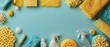 © Thanyaporn - An array of cleaning supplies arranged on a solid color background Items include a sponge a spray bottle cleaning cloths and a brush The background color is fresh and clean reflecting the theme of