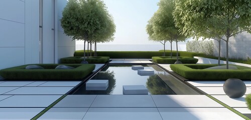 Wall Mural - A minimalist backyard with geometric landscaping features, symmetrical plant beds, and a serene reflecting pool.