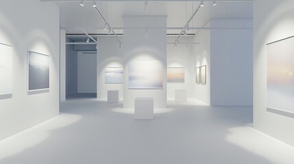 Wall Mural - A minimalist 3D art gallery shop with digital canvases displayed on stark white walls, spotlighted by overhead lights.