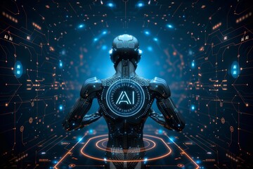 Canvas Print - AI Robot in Futuristic Setting with Digital Interface, Illustrating Advanced Robotics, Automation, and Intelligent Systems