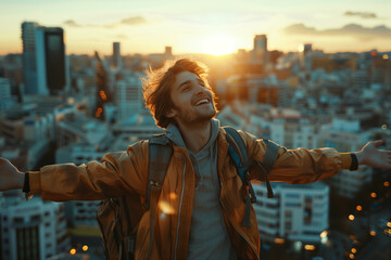 Wall Mural - Backpacker Caucasian man with outstretched arms standing on the roof of a city building.