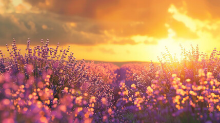 Wall Mural - Sunset over a field of lavender with golden light and purple blooms