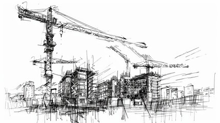 Poster - A handdrawn sketch of a construction site is illustrated in vector format