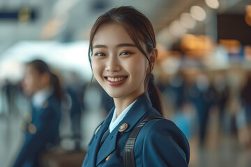 Canvas Print - Asian female stewardess in uniform smiles with confidence in airport.