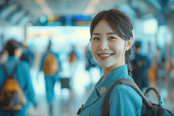 Wall Mural - Asian female stewardess in uniform smiles with confidence in airport.