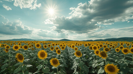 Vast sunflower field under a partly cloudy sky with rays of sun