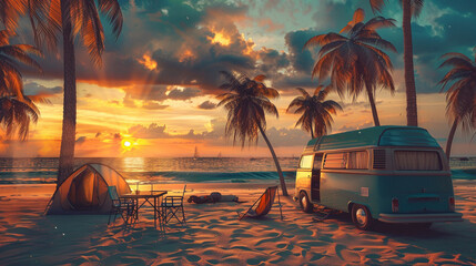 Vintage camper van at sea beach with palm trees in summer vacation at sunrise