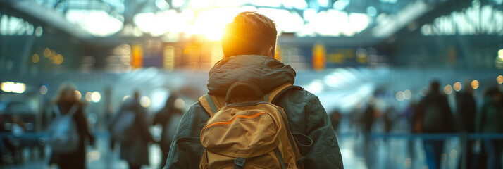 Wall Mural - Caucasian male tourist walking in the airport terminal.