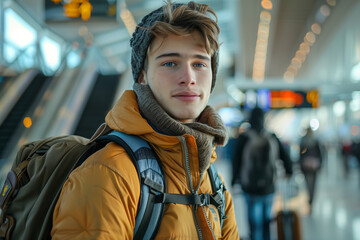 Wall Mural - Caucasian male tourist walking in the airport terminal.