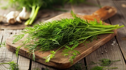 Canvas Print - Fresh dill displayed on a wooden cutting board