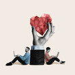 © svetazi - A man and a woman are sitting near a large hand with a heart. Art collage.