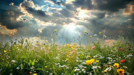 Wall Mural - Wildflower meadow under a dramatic sky with sunbeams breaking through clouds