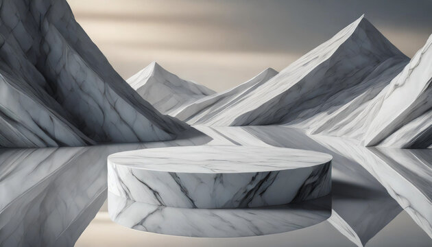 podium display in white marble color, set against a minimalist background. The 3D rendering highlights geometric forms, emphasizing simplicity, elegance, and modernity