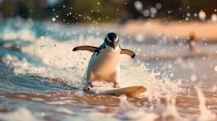 Wall Mural - A penguin surfing with high tide with water splashes