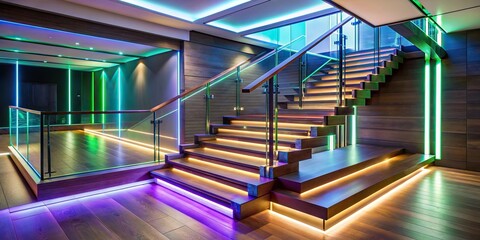 Wall Mural - Modern neon staircase with dark wood, glass balustrades, and LED strip lighting, neon, staircase, modern, dark wood