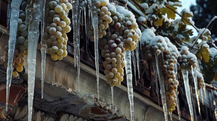 Sticker - Icicles decorating the balcony with grapes during winter