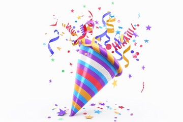 An illustrated image depicting an exploding party popper with bright colored ribbons and confetti against a clear backdrop