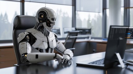 Sticker - A robot is sitting at a desk in front of a laptop computer