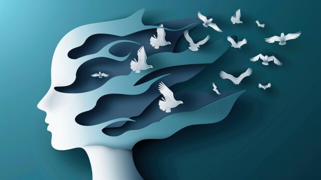 An illustration features a human head with white birds flying from it symbolizing freedom and relaxation of the mind This creative concept reflects ideas emotions or psychology