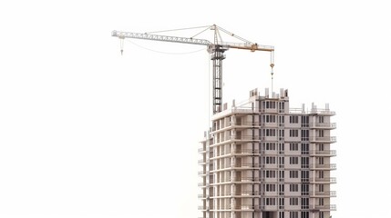 Poster - An underconstruction building accompanied by tower cranes against the sky is isolated on a white background representing an unfinished construction project