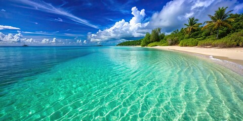 Wall Mural - Crystal clear turquoise water gently washing onto a sandy tropical beach shore, tropical, beach, turquoise, water