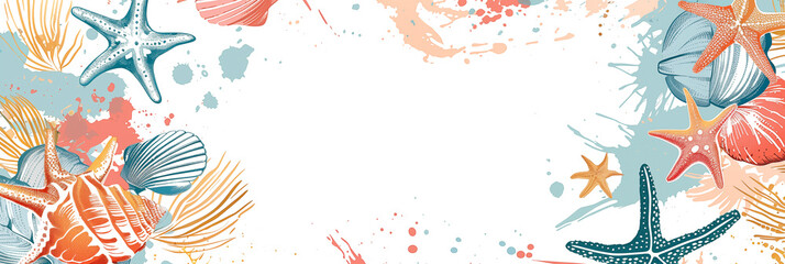 Wall Mural - Sea life banner with starfish, coral, and shells in pastel colors. Panoramic web header. Wide screen wallpaper with copy space