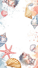 Wall Mural - Vertical frame of sea shells, starfish, and marine elements on white background